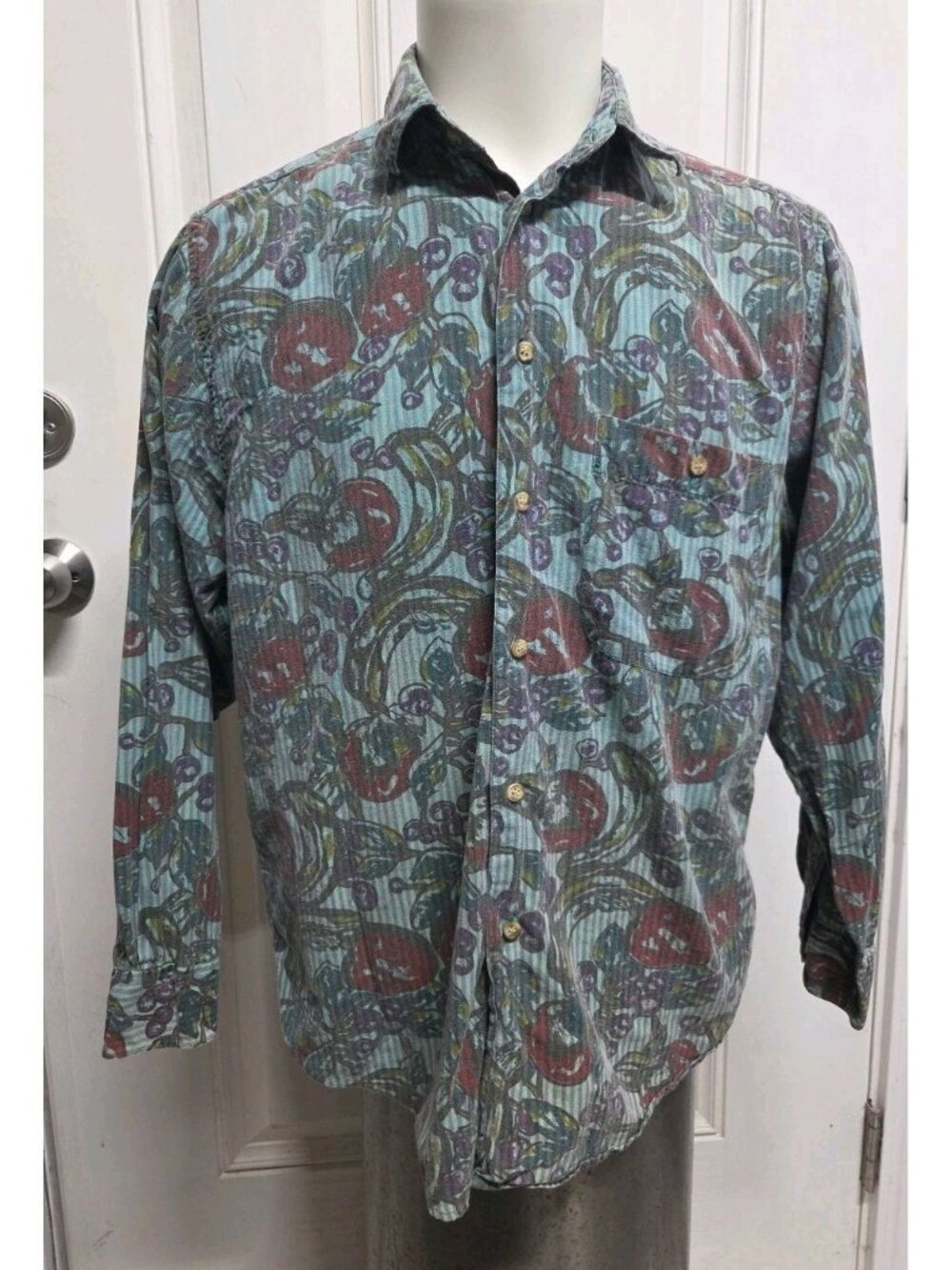 Boston Traders Mens Long Sleeve Shirt Button-up  Blue Green Fruit Print Large